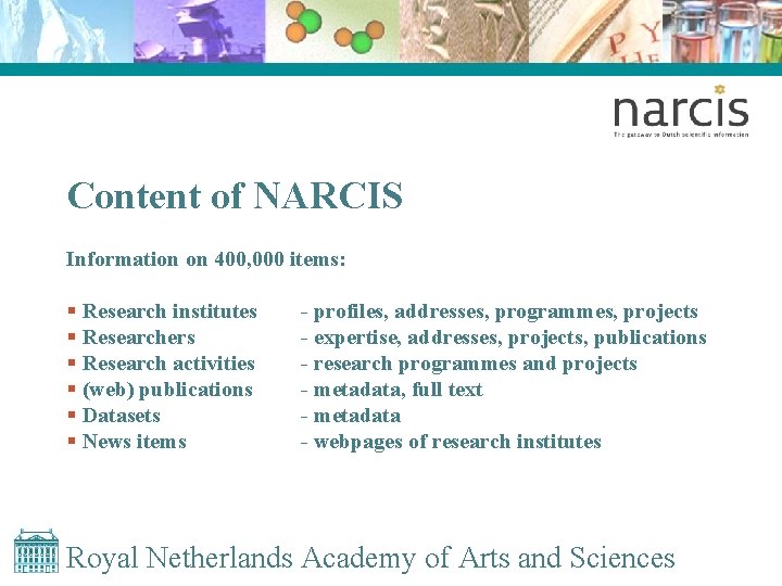 Content of NARCIS Information on 400, 000 items: § Research institutes § Researchers §