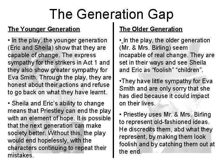 The Generation Gap The Younger Generation The Older Generation • In the play, the