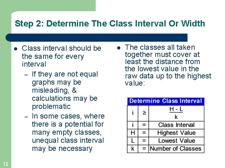 Step 2: Determine The Class Interval Or Width l 12 Class interval should be