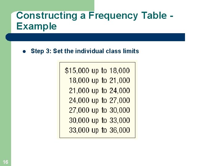 Constructing a Frequency Table Example l 16 Step 3: Set the individual class limits Constructing a Frequency Table Example l 16 Step 3: Set the individual class limits