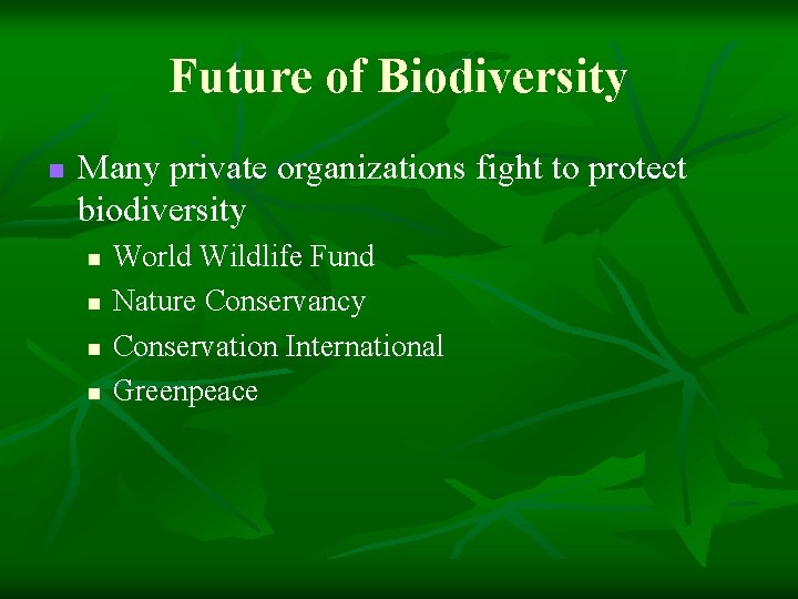 Future of Biodiversity n Many private organizations fight to protect biodiversity n n World