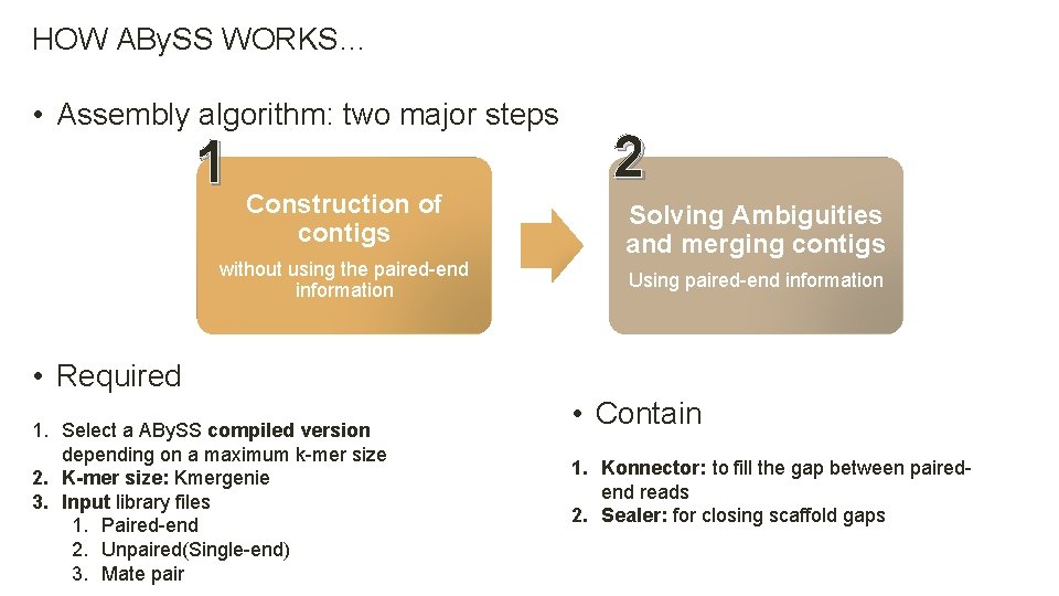 HOW ABy. SS WORKS… • Assembly algorithm: two major steps 1 Construction of contigs