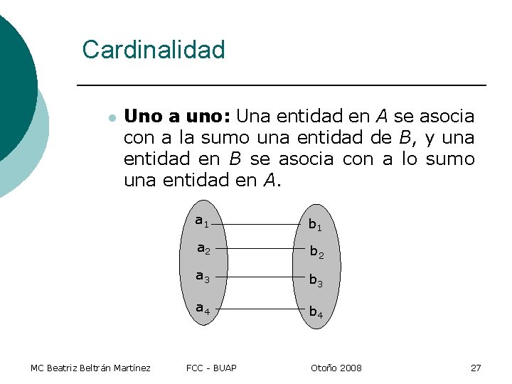 Cardinalidad l Uno a uno: Una entidad en A se asocia con a la