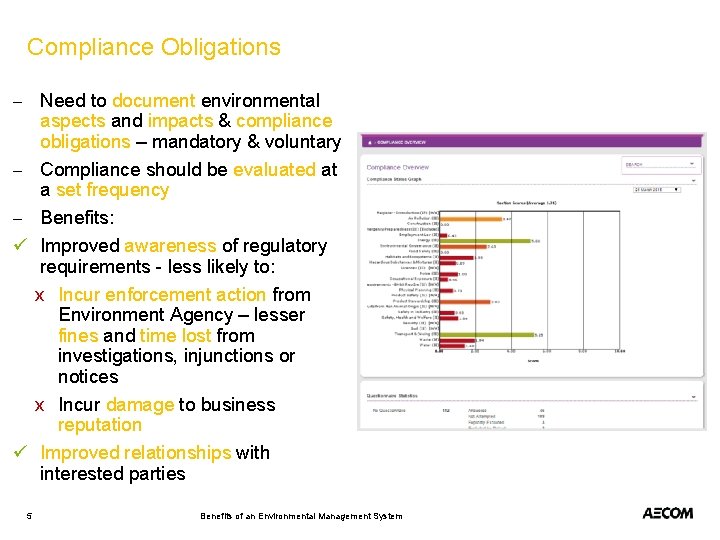 Compliance Obligations - Need to document environmental aspects and impacts & compliance obligations –