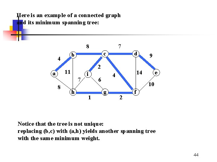 Here is an example of a connected graph and its minimum spanning tree: 8