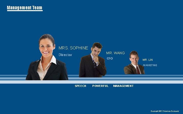 Management Team MRS. SOPHINE MR. WANG Director CFO MR. LIN MARKETING SPEECH POWERFUL MANAGEMENT