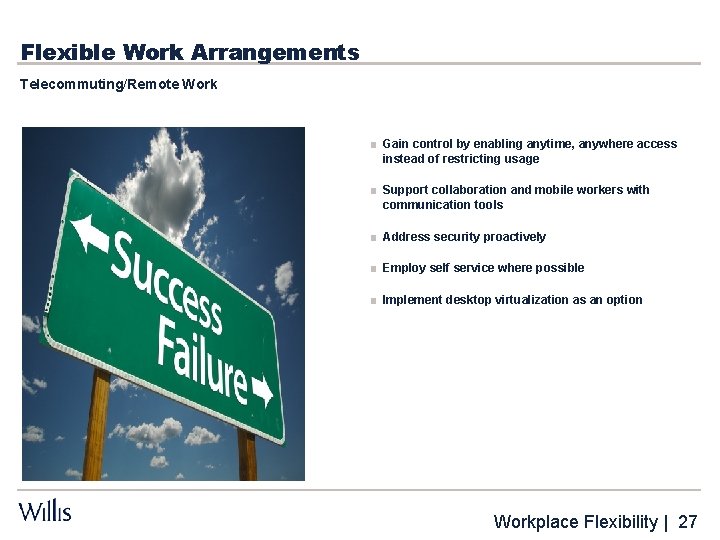 Flexible Work Arrangements Telecommuting/Remote Work ■ Gain control by enabling anytime, anywhere access instead