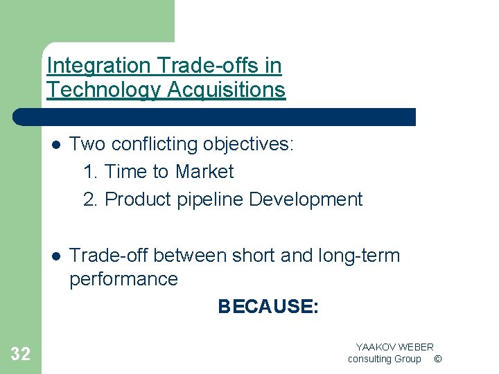 Integration Trade-offs in Technology Acquisitions 32 l Two conflicting objectives: 1. Time to Market