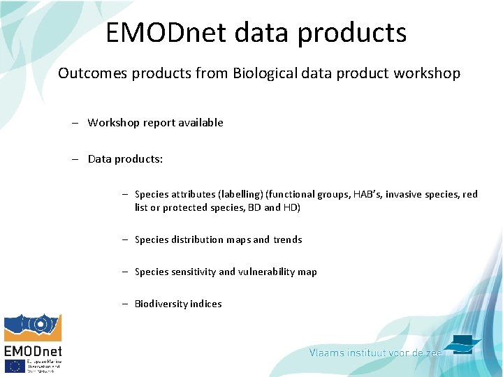 EMODnet data products Outcomes products from Biological data product workshop – Workshop report available