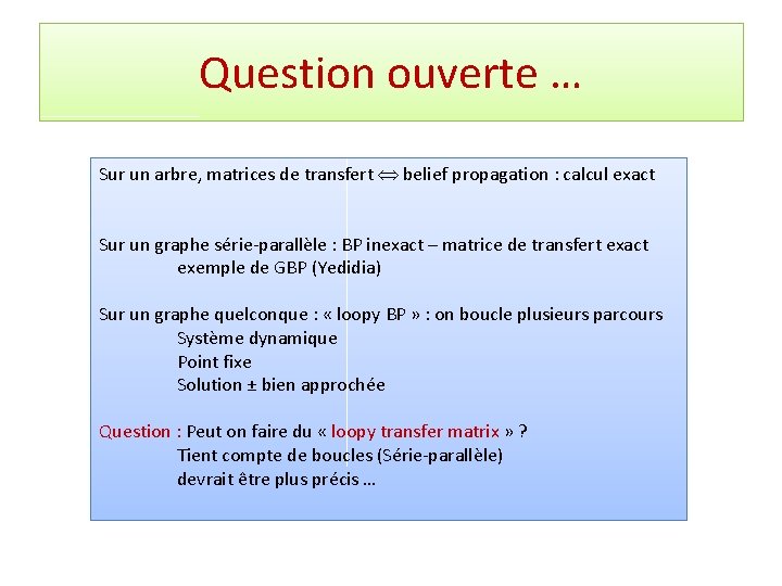 Question ouverte … Sur un arbre, matrices de transfert belief propagation : calcul exact