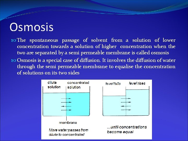 Osmosis The spontaneous passage of solvent from a solution of lower concentration towards a