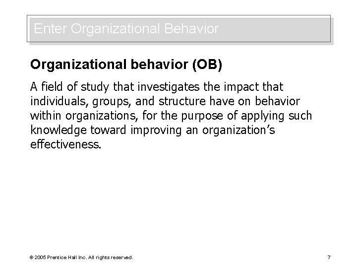 Enter Organizational Behavior Organizational behavior (OB) A field of study that investigates the impact