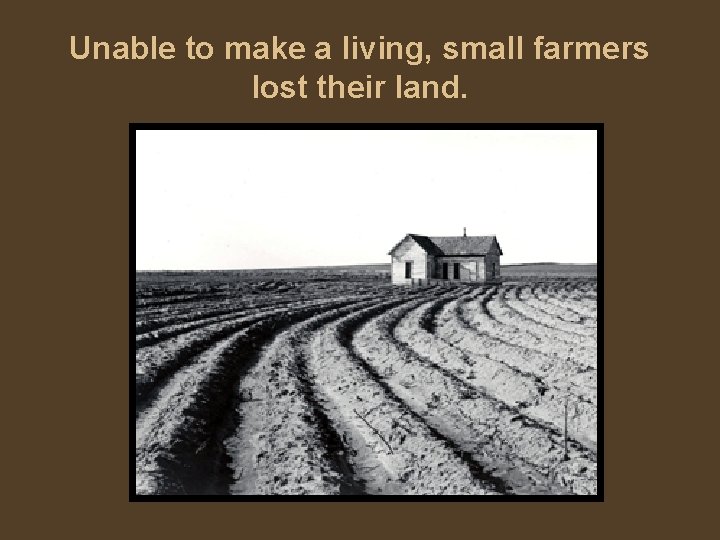 Unable to make a living, small farmers lost their land. 