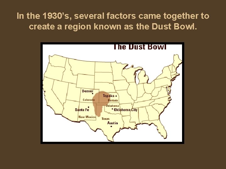 In the 1930’s, several factors came together to create a region known as the