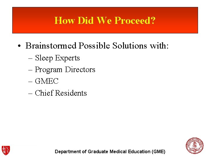 How Did We Proceed? • Brainstormed Possible Solutions with: – Sleep Experts – Program