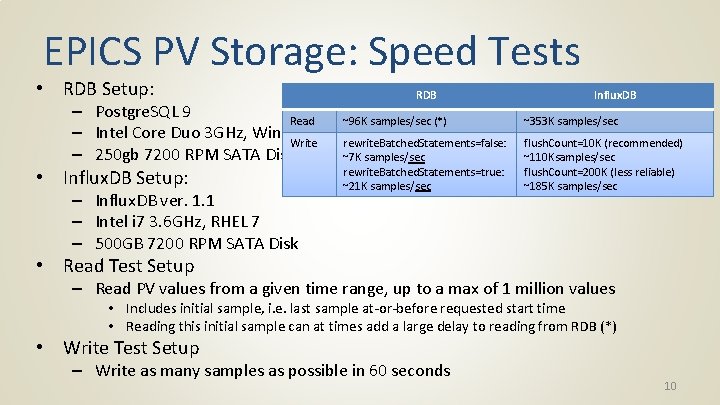 EPICS PV Storage: Speed Tests • RDB Setup: – Postgre. SQL 9 Read –