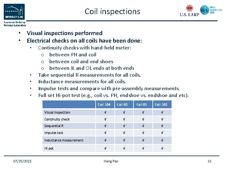 Coil inspections • Visual inspections performed • Electrical checks on all coils have been