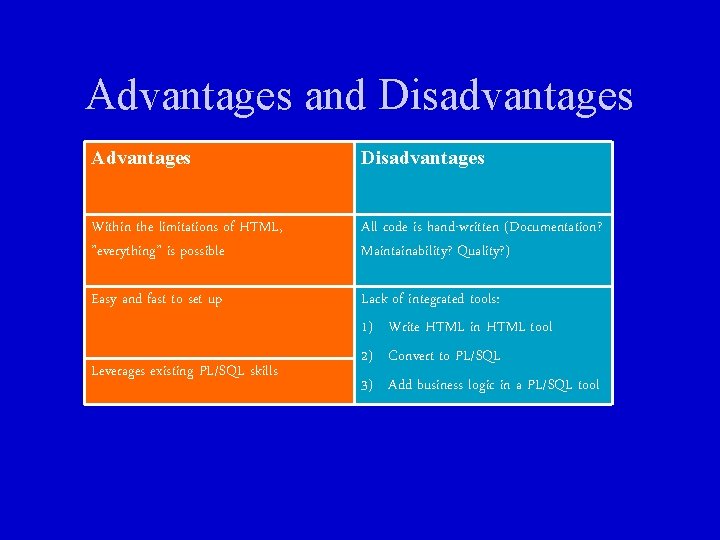 Advantages and Disadvantages Advantages Disadvantages Within the limitations of HTML, ”everything” is possible All