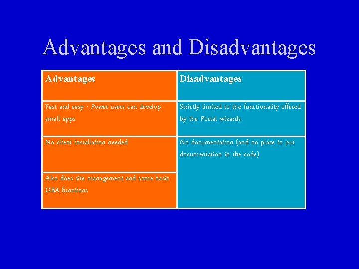 Advantages and Disadvantages Advantages Disadvantages Fast and easy - Power users can develop small