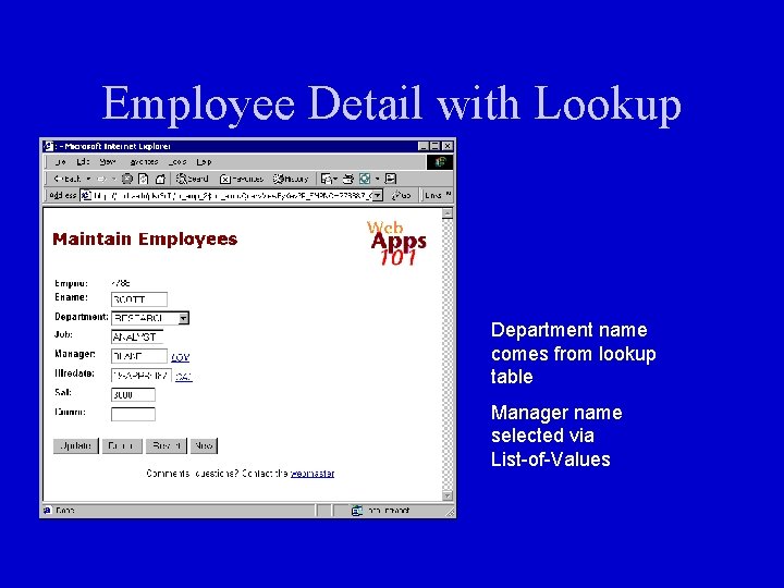 Employee Detail with Lookup Department name comes from lookup table Manager name selected via