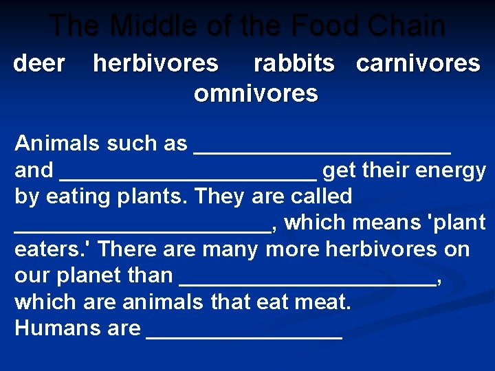 The Middle of the Food Chain deer herbivores rabbits carnivores omnivores Animals such as