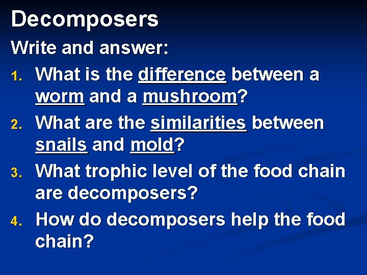 Decomposers Write and answer: 1. What is the difference between a worm and a