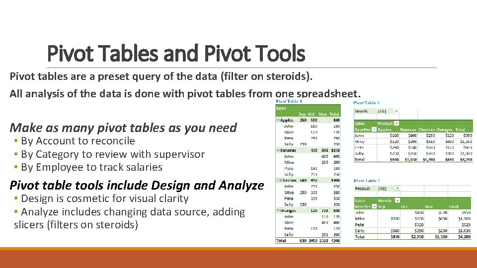 Pivot Tables and Pivot Tools Pivot tables are a preset query of the data