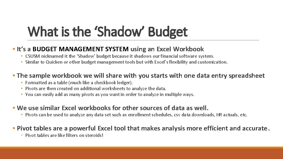 What is the ‘Shadow’ Budget • It’s a BUDGET MANAGEMENT SYSTEM using an Excel