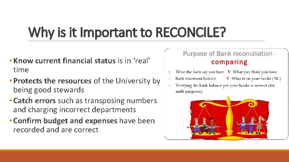 Why is it Important to RECONCILE? • Know current financial status is in ‘real’