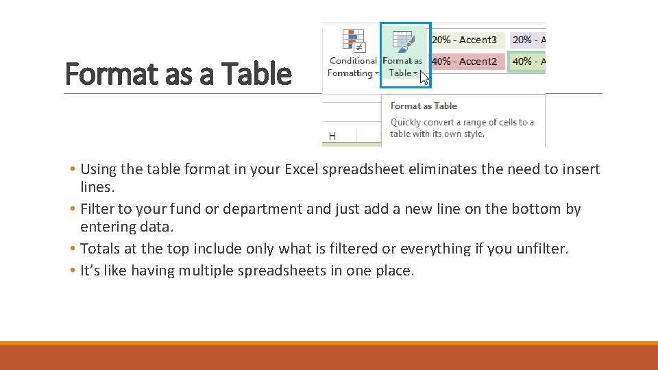 Format as a Table • Using the table format in your Excel spreadsheet eliminates