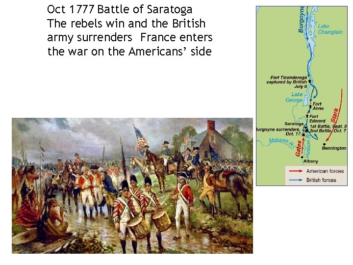 Oct 1777 Battle of Saratoga The rebels win and the British army surrenders. France