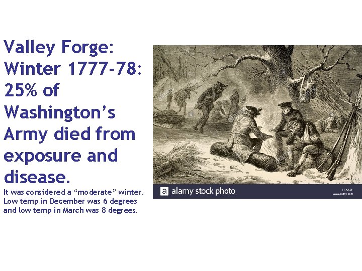 Valley Forge: Winter 1777 -78: 25% of Washington’s Army died from exposure and disease.