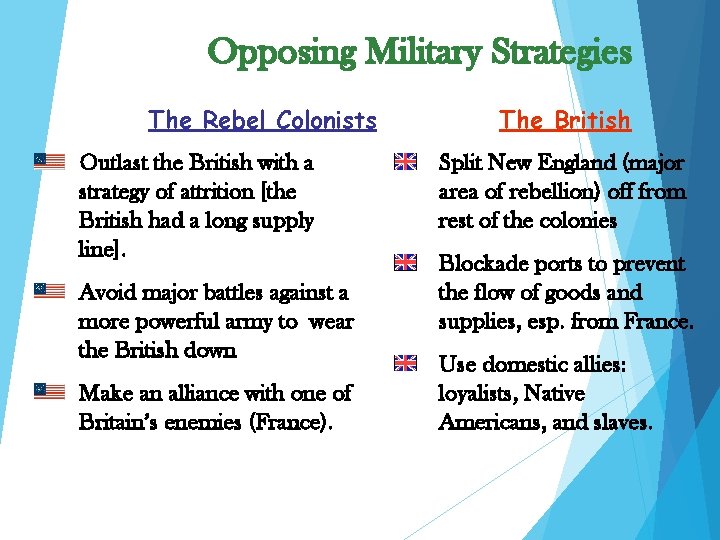 Opposing Military Strategies The Rebel Colonists Outlast the British with a strategy of attrition