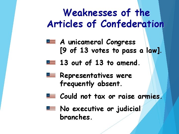 Weaknesses of the Articles of Confederation A unicameral Congress [9 of 13 votes to