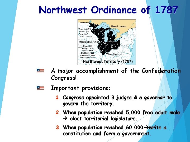 Northwest Ordinance of 1787 A major accomplishment of the Confederation Congress! Important provisions: 1.