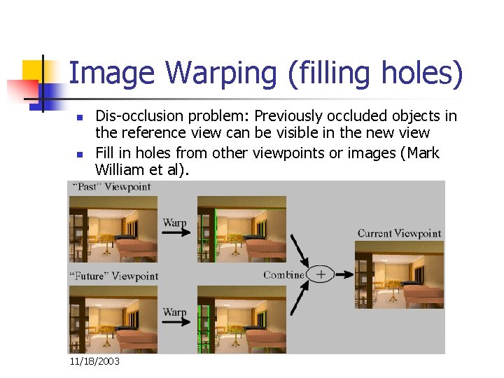 Image Warping (filling holes) n n Dis-occlusion problem: Previously occluded objects in the reference