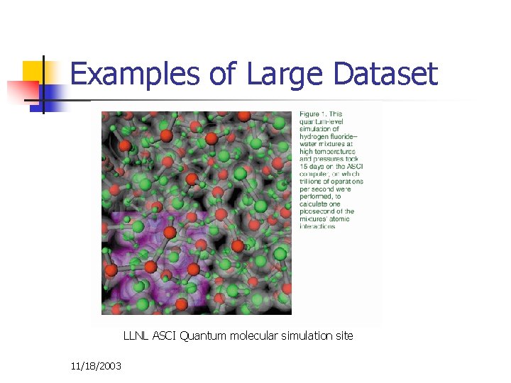 Examples of Large Dataset LLNL ASCI Quantum molecular simulation site 11/18/2003 