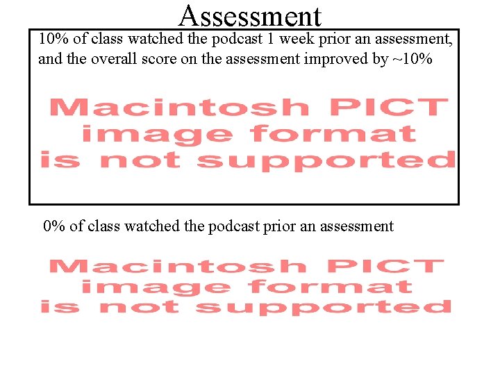 Assessment 10% of class watched the podcast 1 week prior an assessment, and the