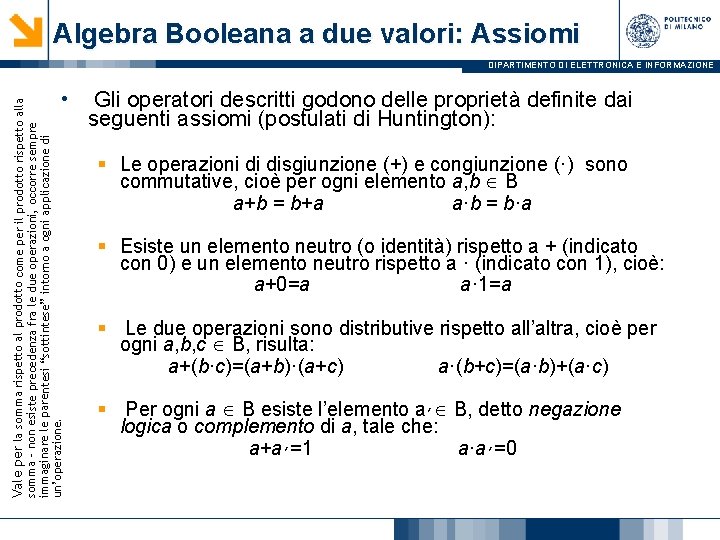 Algebra Booleana a due valori: Assiomi DIPARTIMENTO DI ELETTRONICA E INFORMAZIONE Vale per la