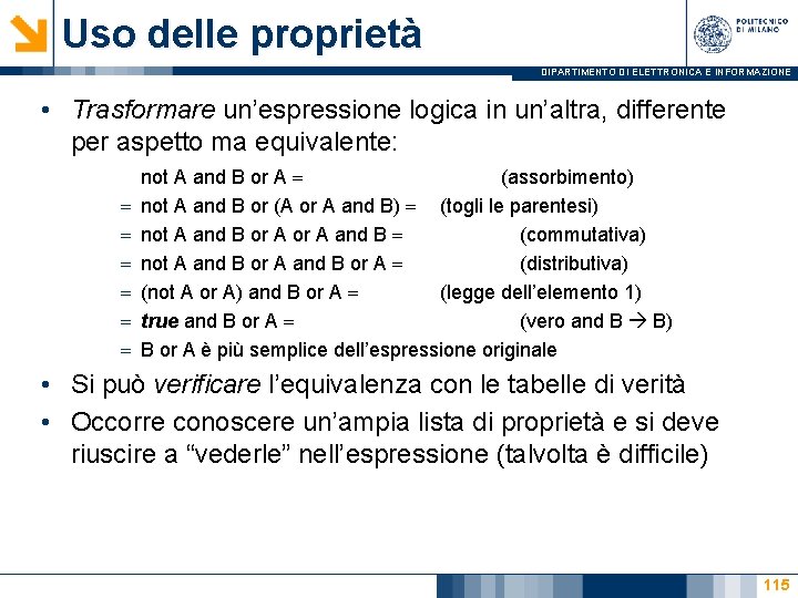 Uso delle proprietà DIPARTIMENTO DI ELETTRONICA E INFORMAZIONE • Trasformare un’espressione logica in un’altra,