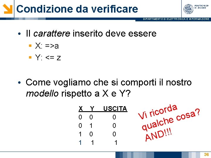 Condizione da verificare DIPARTIMENTO DI ELETTRONICA E INFORMAZIONE • Il carattere inserito deve essere