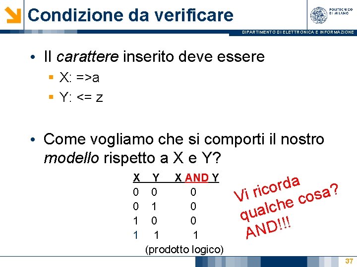 Condizione da verificare DIPARTIMENTO DI ELETTRONICA E INFORMAZIONE • Il carattere inserito deve essere