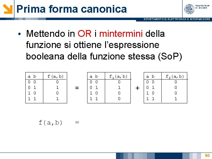 Prima forma canonica DIPARTIMENTO DI ELETTRONICA E INFORMAZIONE • Mettendo in OR i mintermini