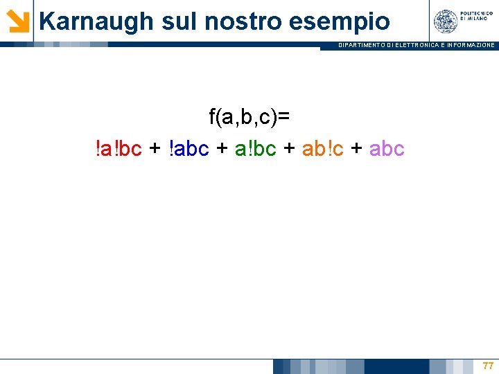 Karnaugh sul nostro esempio DIPARTIMENTO DI ELETTRONICA E INFORMAZIONE f(a, b, c)= !a!bc +