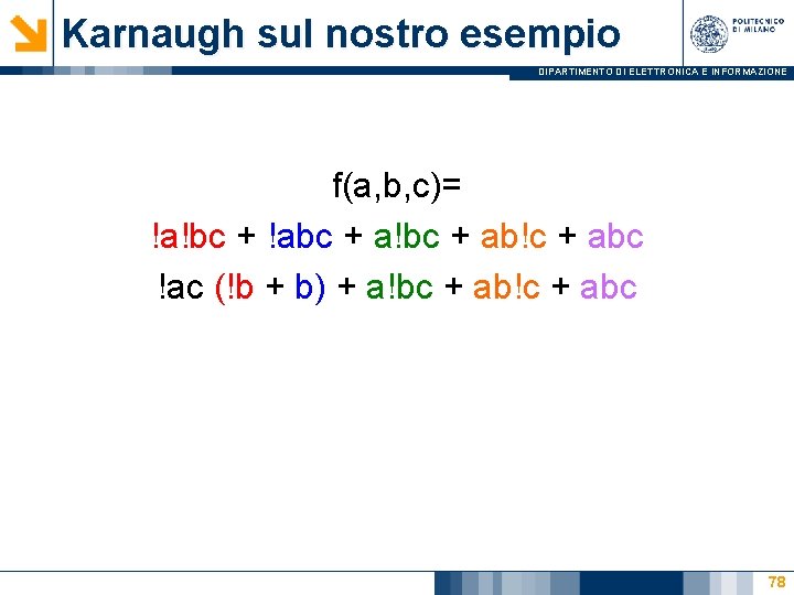 Karnaugh sul nostro esempio DIPARTIMENTO DI ELETTRONICA E INFORMAZIONE f(a, b, c)= !a!bc +