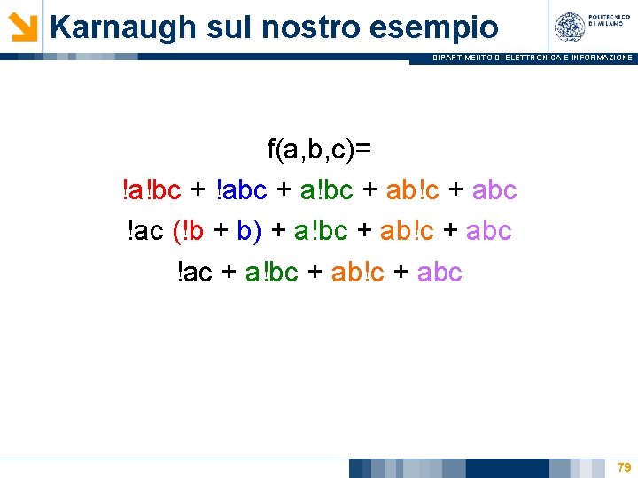 Karnaugh sul nostro esempio DIPARTIMENTO DI ELETTRONICA E INFORMAZIONE f(a, b, c)= !a!bc +