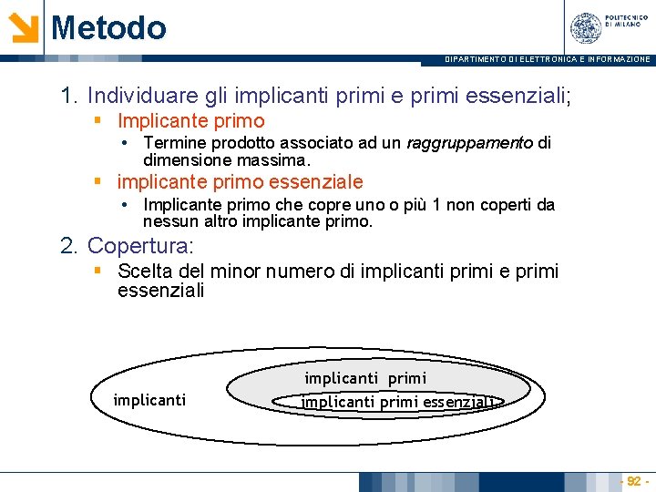 Metodo DIPARTIMENTO DI ELETTRONICA E INFORMAZIONE 1. Individuare gli implicanti primi essenziali; § Implicante