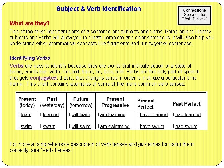 Subject & Verb Identification What are they? Two of the most important parts of