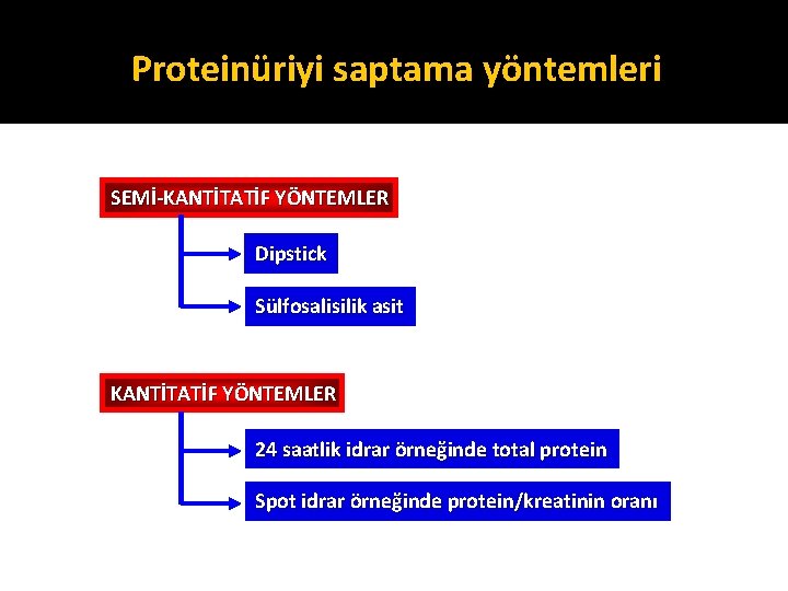 Proteinüriyi saptama yöntemleri SEMİ-KANTİTATİF YÖNTEMLER Dipstick Sülfosalisilik asit KANTİTATİF YÖNTEMLER 24 saatlik idrar örneğinde
