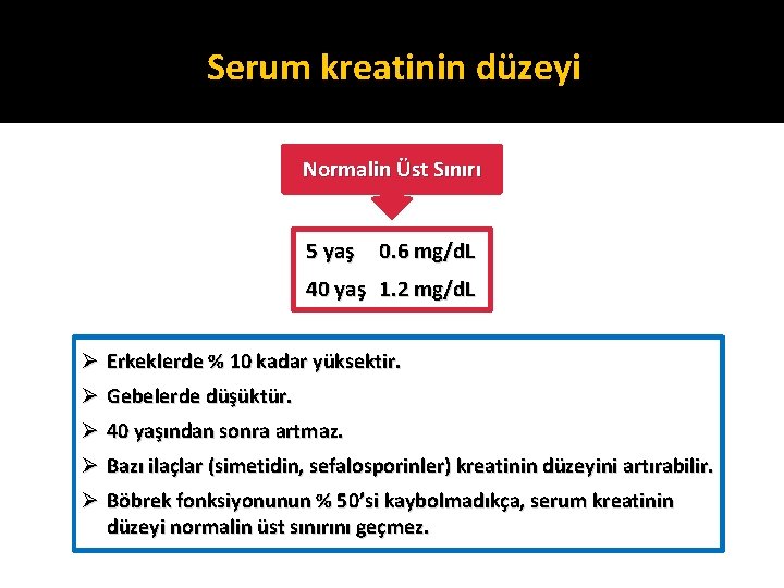 Serum kreatinin düzeyi Normalin Üst Sınırı 5 yaş 0. 6 mg/d. L 40 yaş